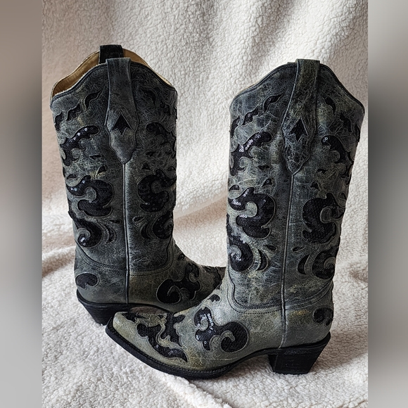 Corral Women's Gray & Black Sequin Inlay Western Boots with Snip Toe Size 7.5 - Picture 5 of 14